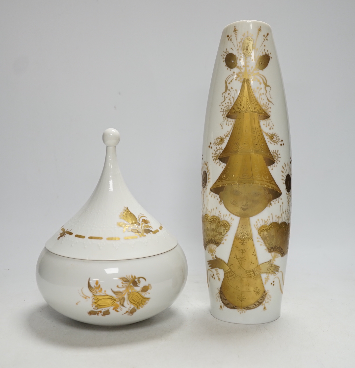 Bjørn Wiinblad for Rosenthal Germany; a Studio Line figural gilt decorated vase, and a similar gilt decorated onion shaped jar and cover, vase 31cm high